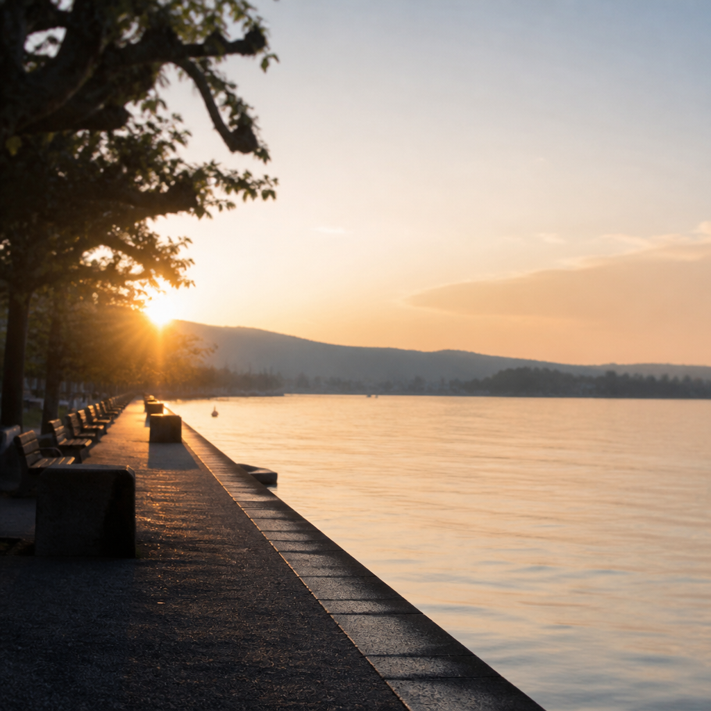 Menschenleere Uferpromenade am Zürichsee in den frühen Morgenstunden